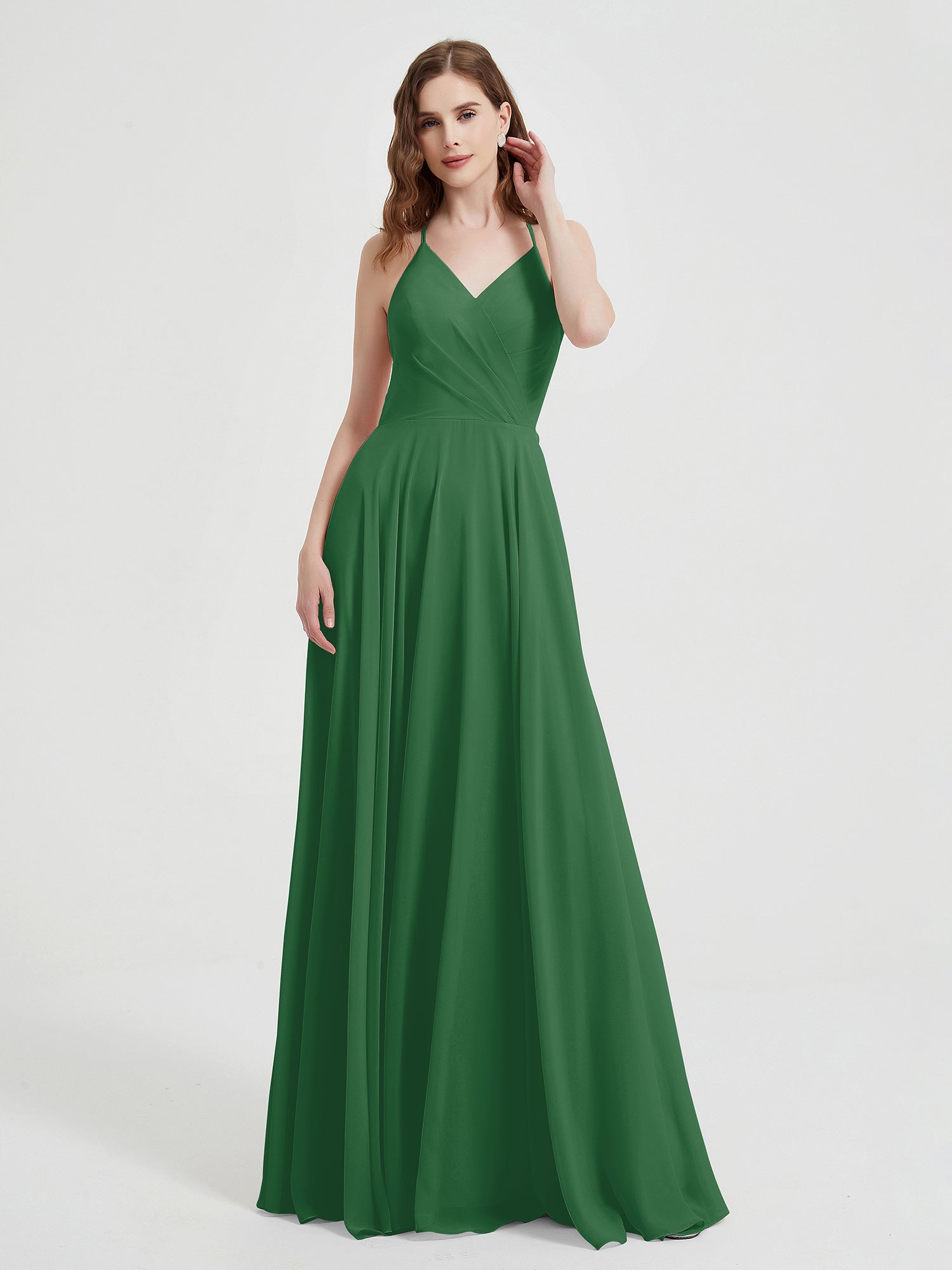V-neck Bridesmaid Dress with Cross Back Emerald